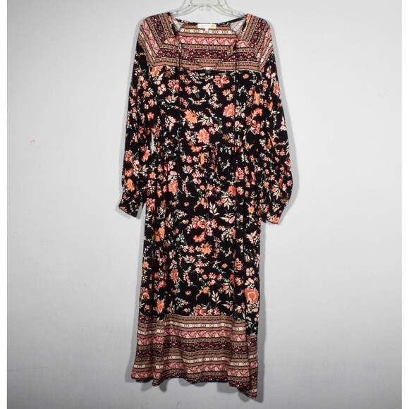 C&C California Black Floral Prairie Style Dress - Drawstring Waist Sz L - Picture 1 of 4